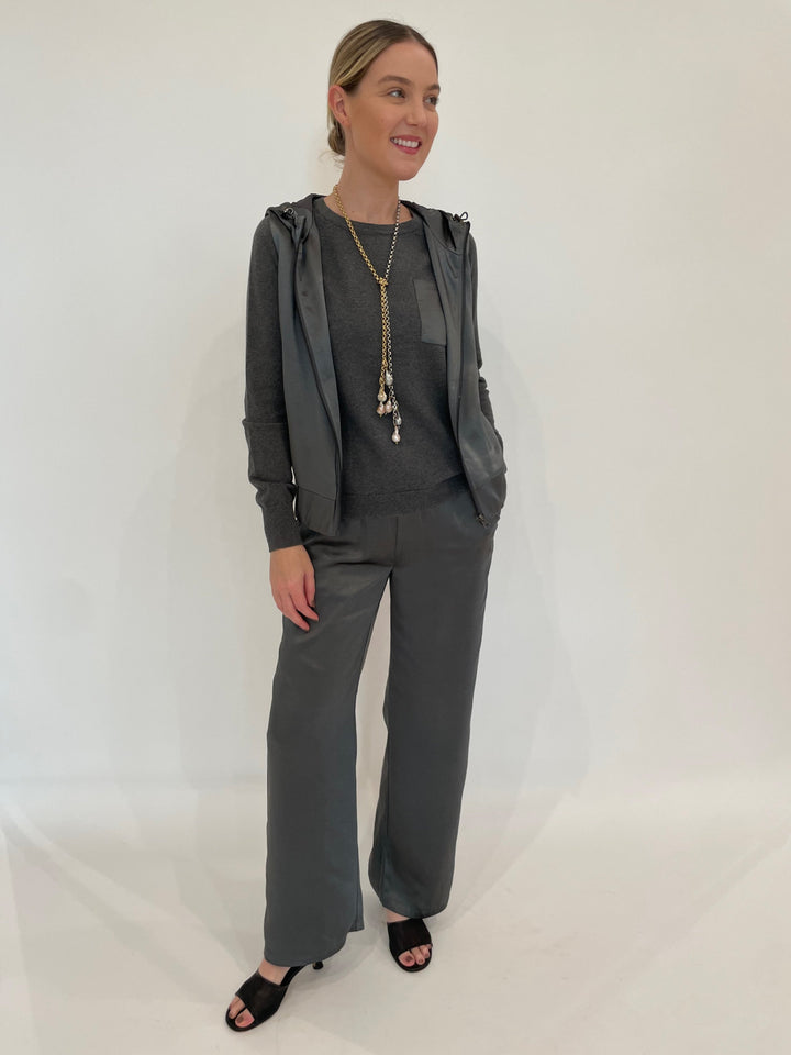 J Society Jesse Satin Pants in Gunmetal paired with matching J Society Jette Satin Pocket Sweatshirt and Raven Ruched Sleeve Moto Jacket in Gunmetal, Suzy T Pearl Lariat Necklace in Gold/Silver available at Barbara Katz