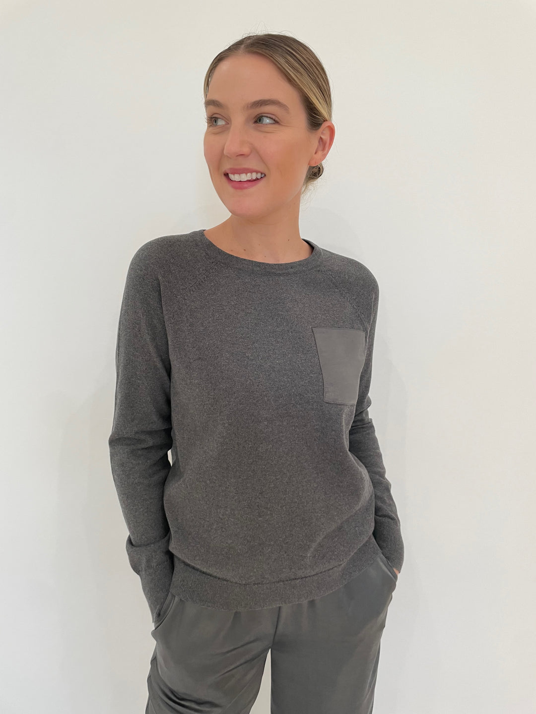 J Society Jette Satin Pocket Sweatshirt in Gunmetal available at Barbara Katz