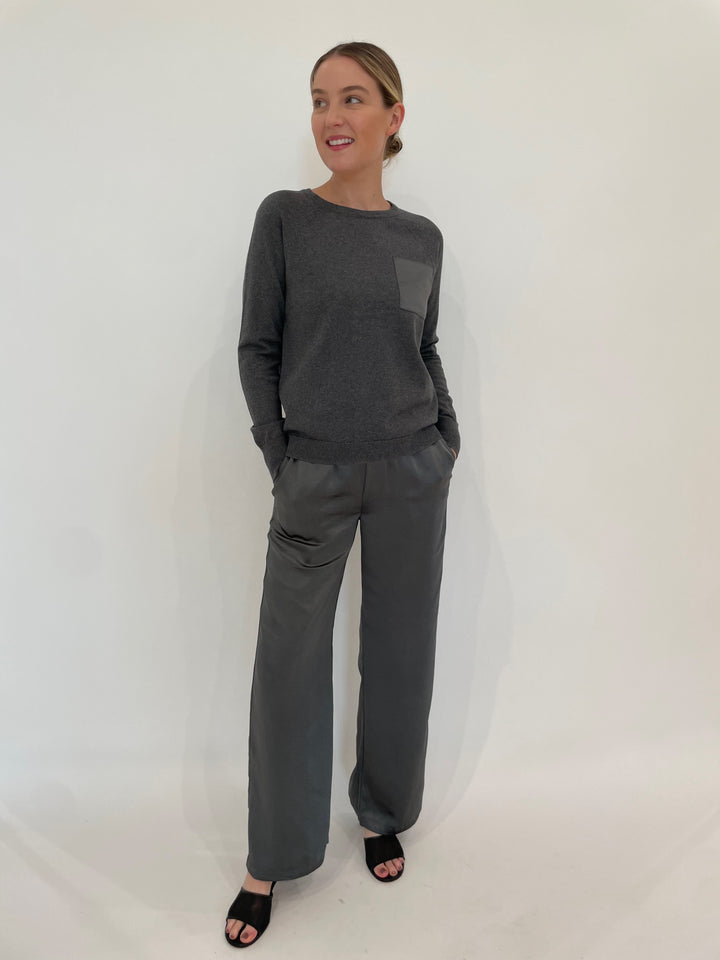 J Society Jette Satin Pocket Sweatshirt in Gunmetal paired with matching J Society Jesse Satin Pants in Gunmetal available at Barbara Katz