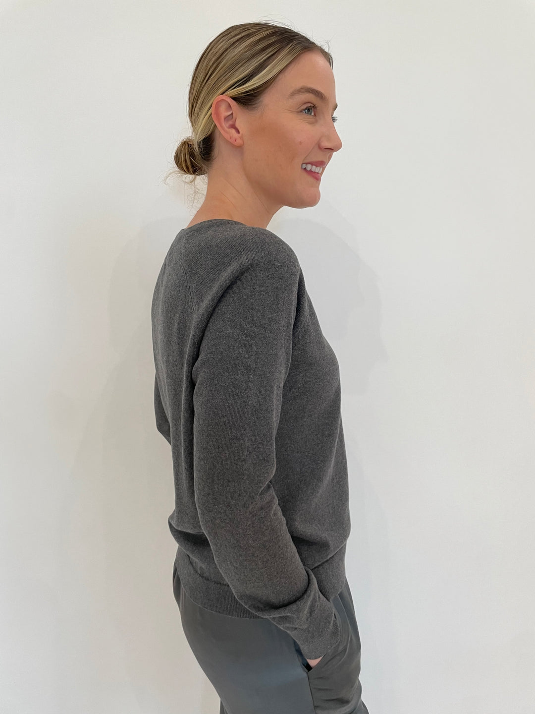 J Society Jette Satin Pocket Long Sleeve Sweatshirt in Gunmetal available at Barbara Katz