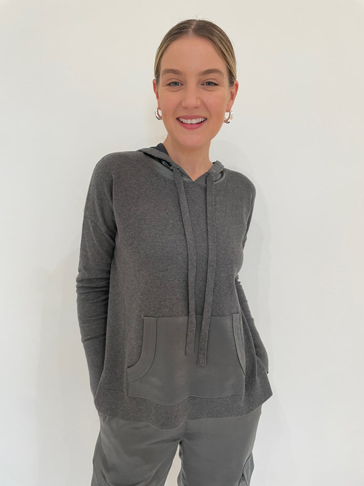 J Society Roxie Satin Pocket Hoodie in Gunmetal with Lizzie Fortunato Onda Hoops in Silver available at Barbara Katz