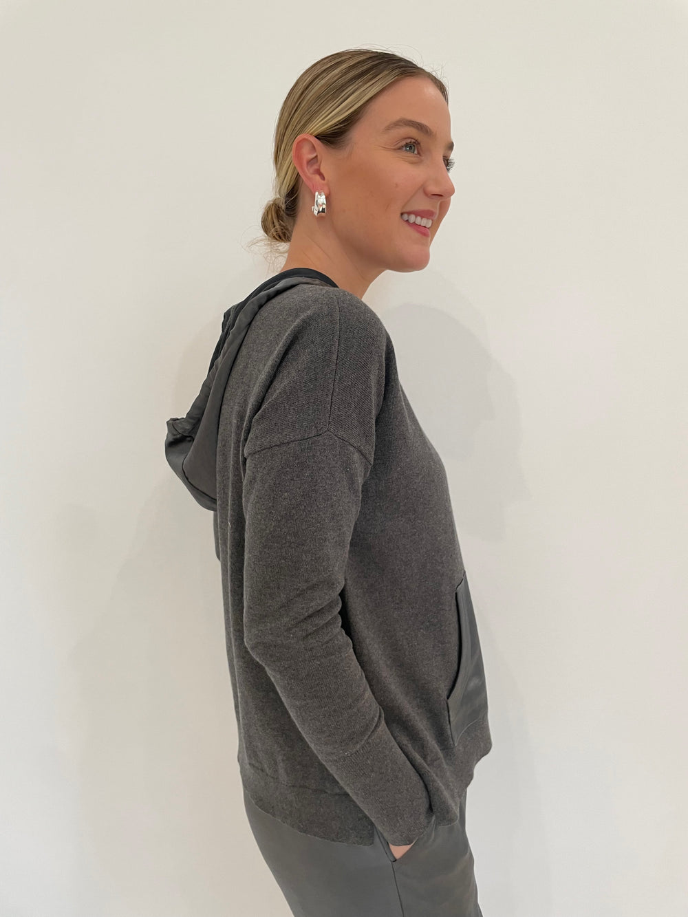 J Society Roxie Satin Pocket Long Sleeve Hoodie in Gunmetal with Lizzie Fortunato Onda Hoops in Silver available at Barbara Katz