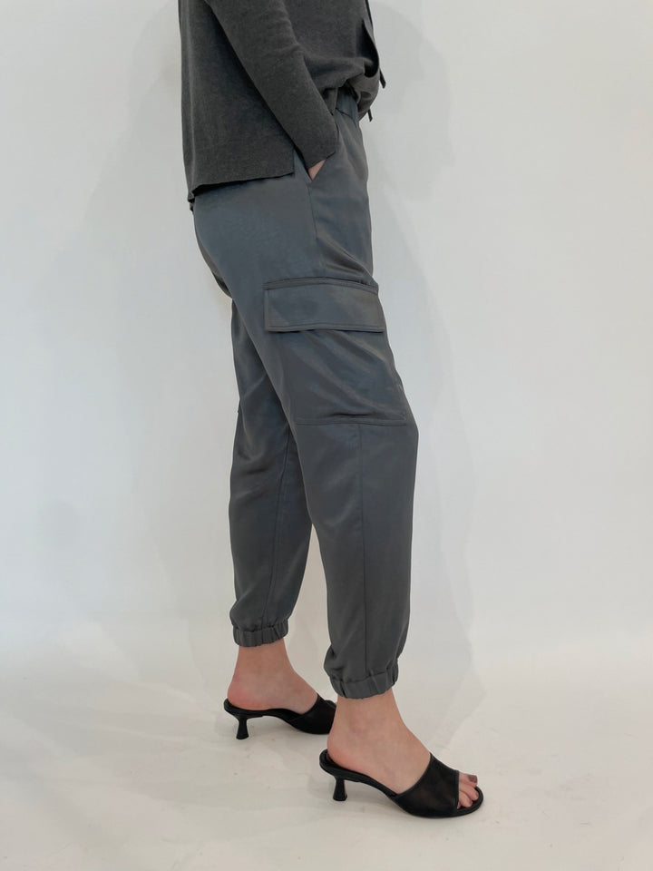 J Society Juno Satin Cargo Pants in Gunmetal available at Barbara Katz