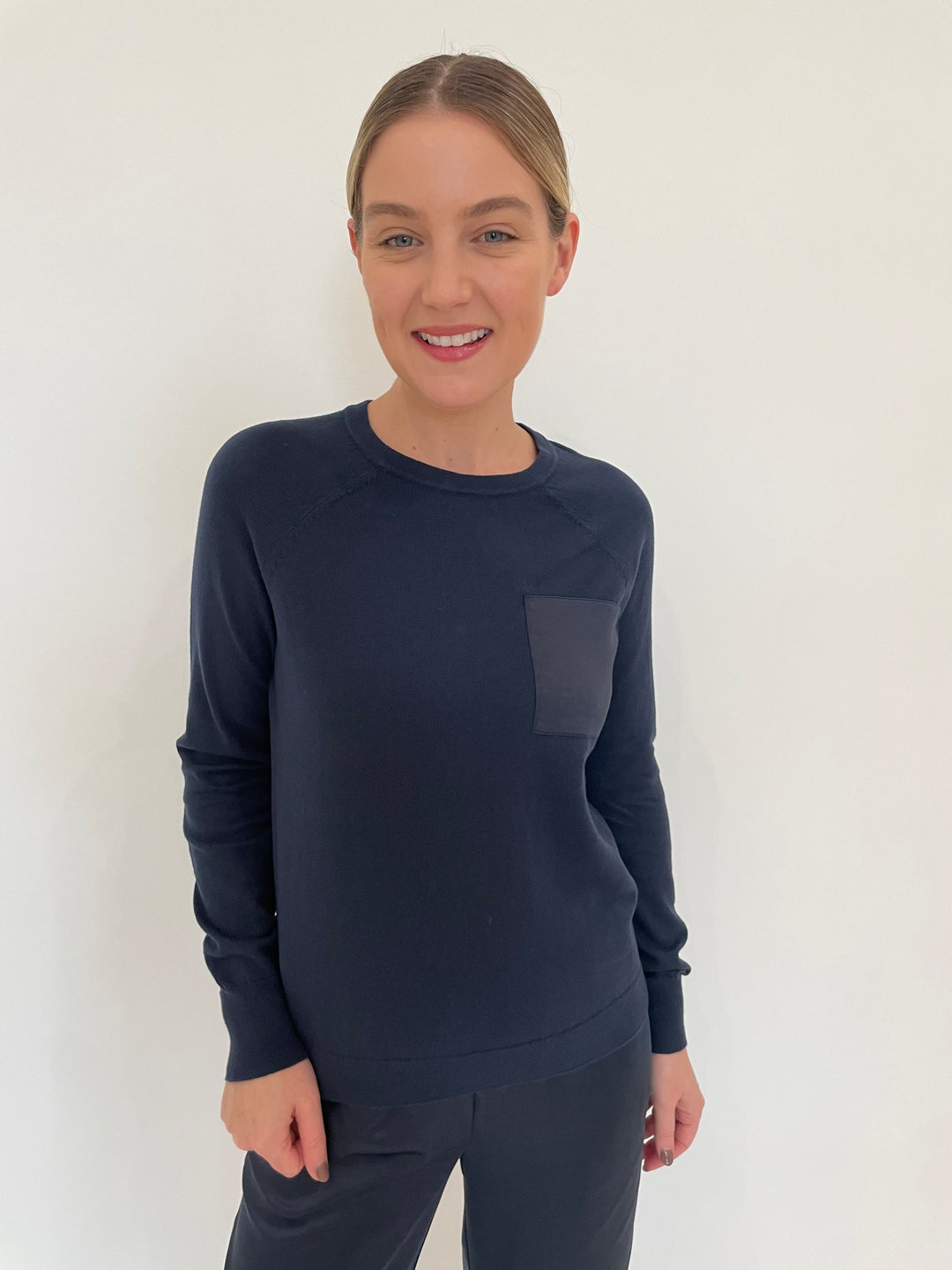 J Society Jette Satin Pocket Sweatshirt in Navy available at Barbara Katz