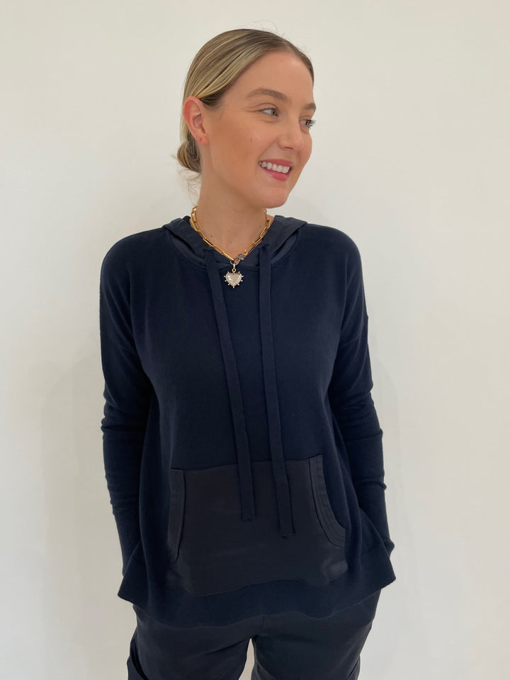 J Society Roxie Satin Pocket Hoodie in Navy with Elizabeth Cole Jewelry Meira Necklace available at Barbara Katz