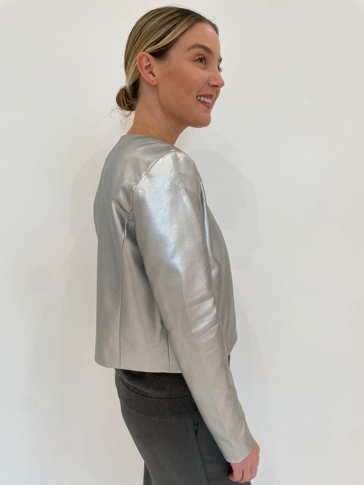 J Society Metallic Collarless Long Sleeve Jacket in Silver available at Barbara Katz