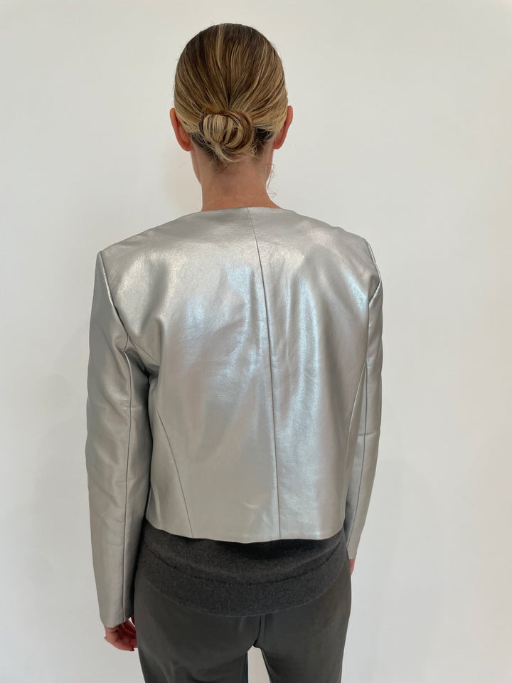 J Society Silver Metallic Collarless Jacket paired with J Society Gunmetal Satin Pants available at Barbara Katz