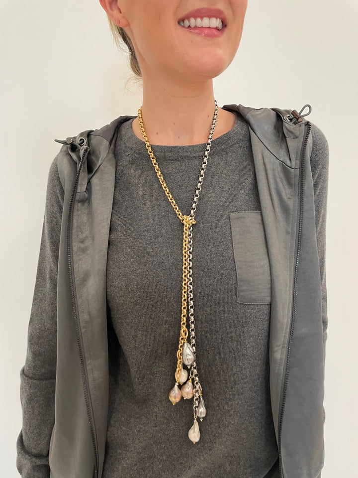 Suzy T Designs Pearl Lariat Necklace in Gold/Silver available at Barbara Katz