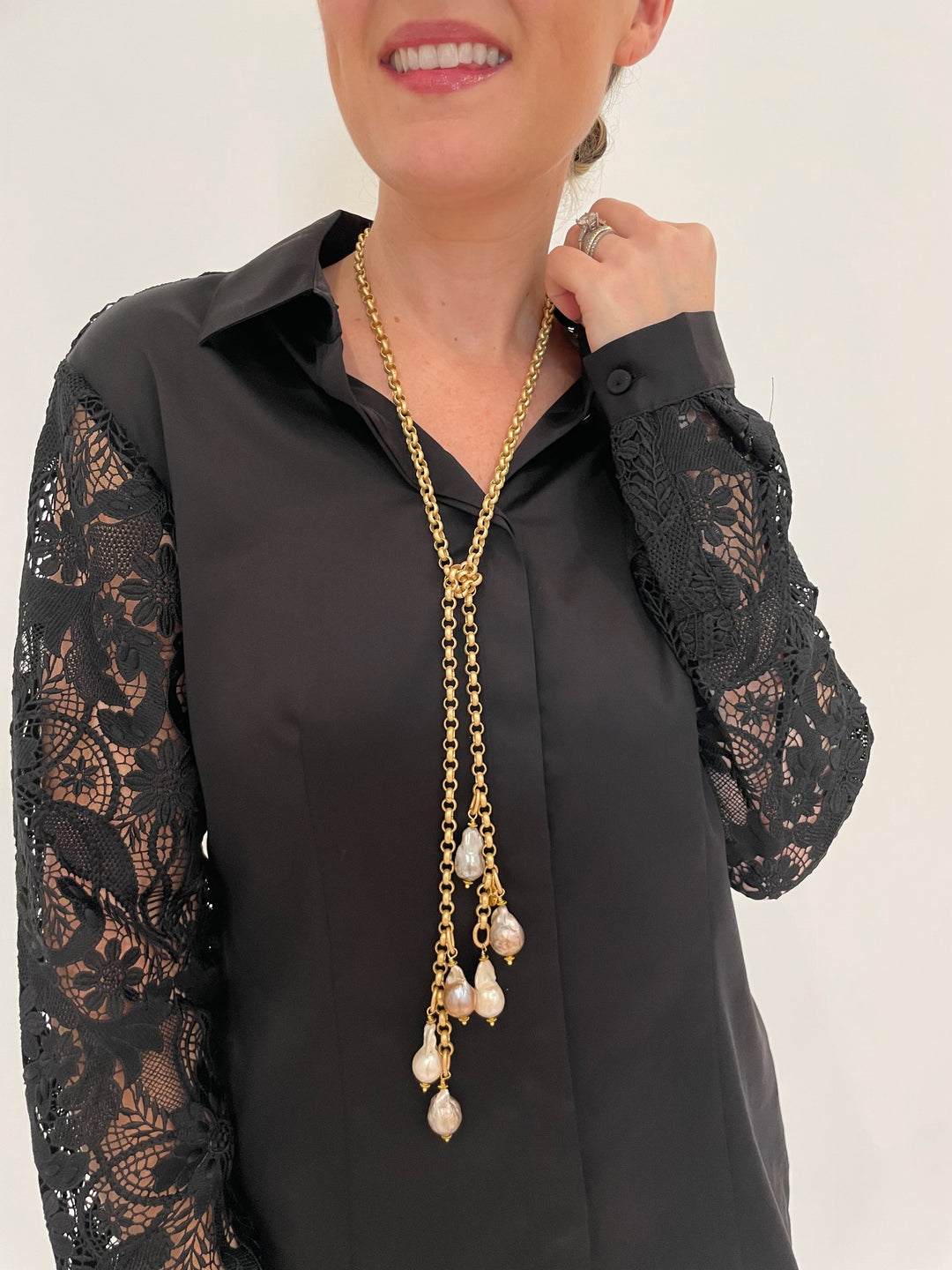 Suzy T Designs Pearl Lariat Necklace in Gold available at Barbara Katz