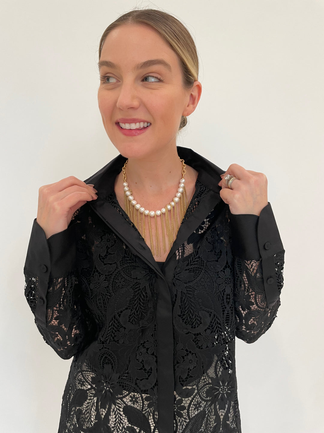 Hinson Wu Margot Long Sleeve Lace Shirt Jacket in Black with Suzy T Designs French Necklace in Gold With White Pearls available at Barbara Katz