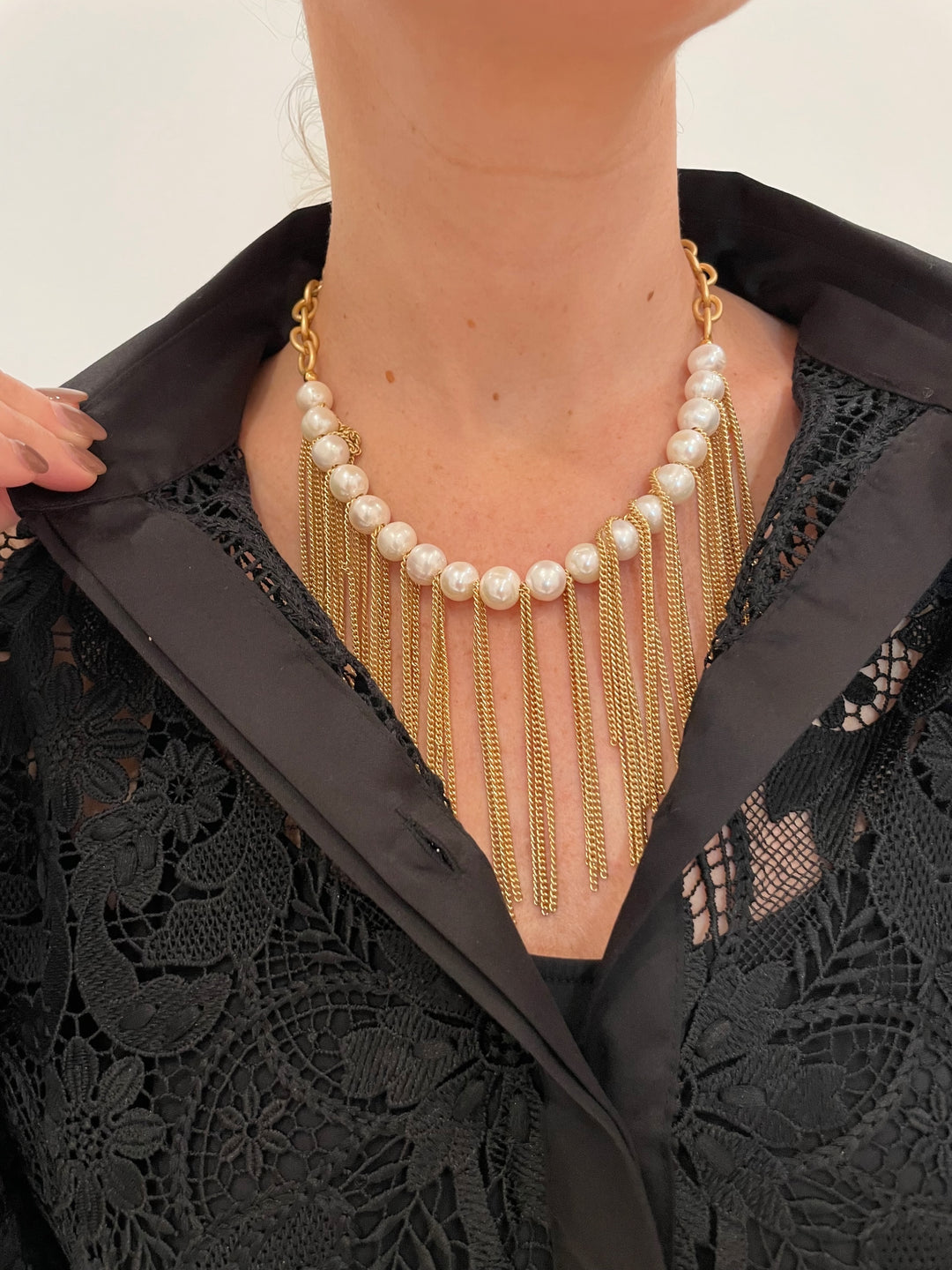 Suzy T Designs French Necklace in Gold With White Pearls available at Barbara Katz