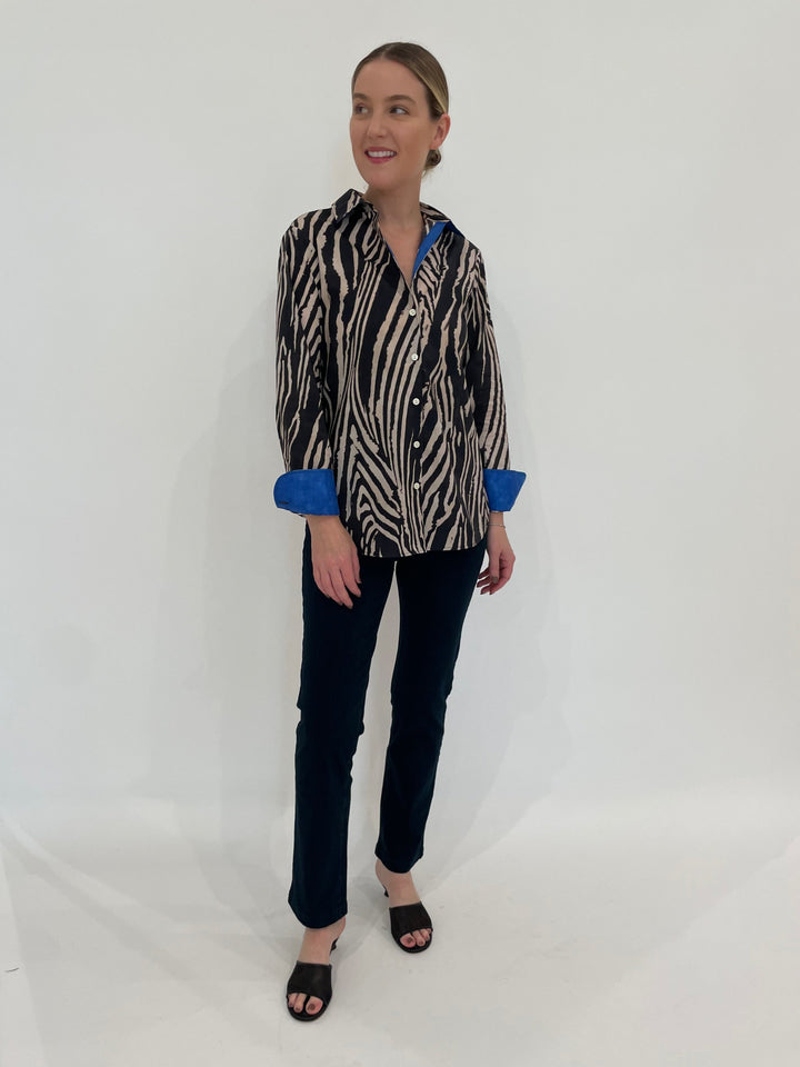 Lysse Spencer Straight Leg Denim Jeans in Indigo paired with Hinson Wu Margot Long Sleeve Zebra Print Shirt in Black Combo available at Barbara Katz