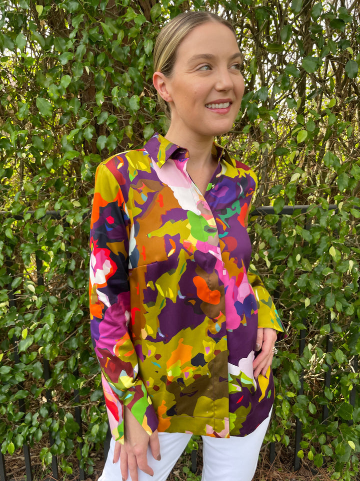 Hinson Wu Xena Long Sleeve Satin Mosaic Flower Print Shirt in Multicolor available at Barbara Katz