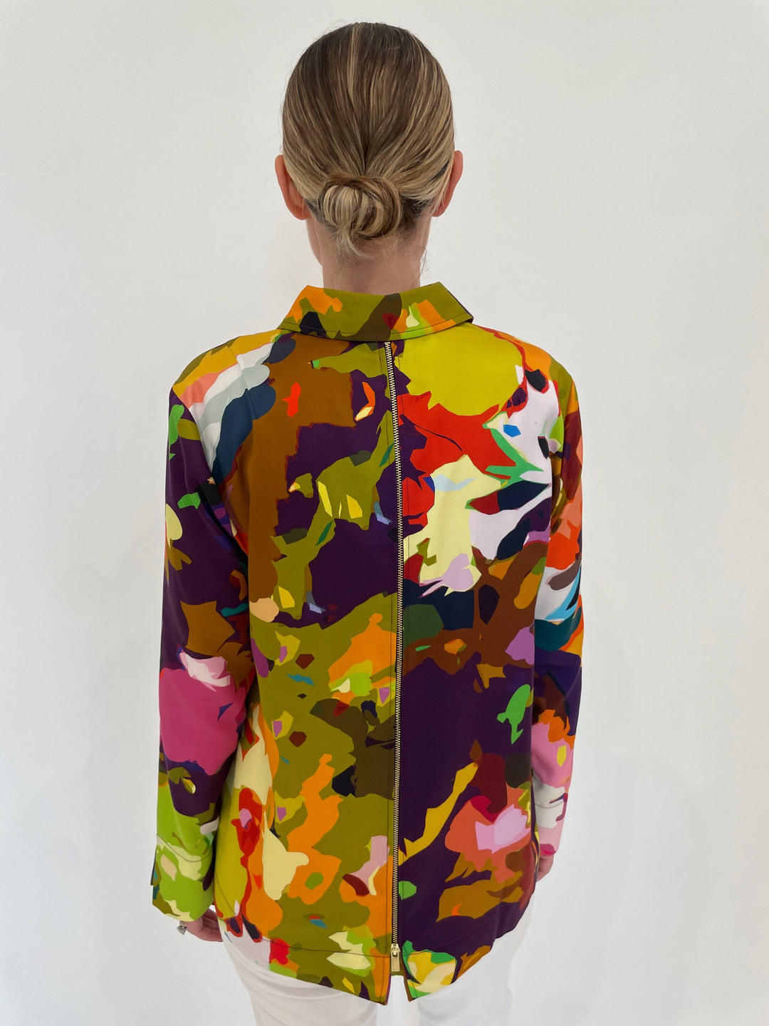 Hinson Wu Xena Mosaic Flower Print Long Sleeve Satin Shirt in Multi available at Barbara Katz