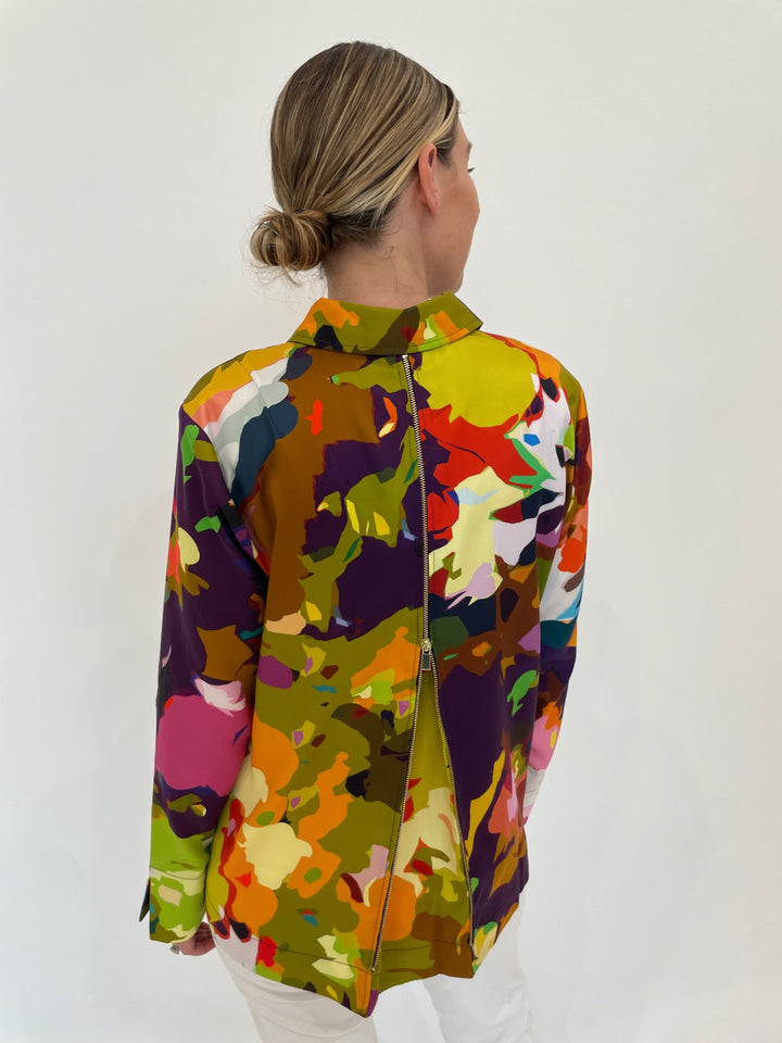 Hinson Wu Xena Mosaic Flower Print Long Sleeve Satin Shirt in Multi available at Barbara Katz