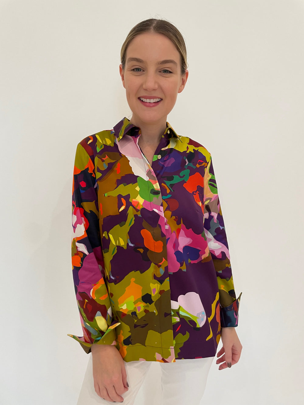 Hinson Wu Xena Long Sleeve Satin Mosaic Flower Print Shirt in Multi available at Barbara Katz