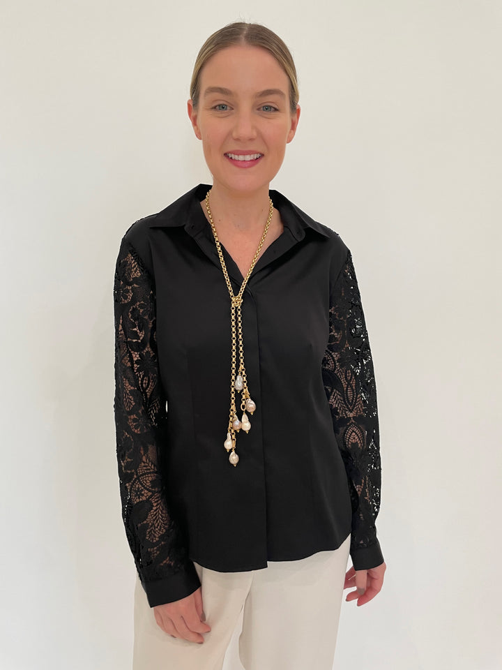 Hinson Wu Sienna Long Sleeve Shirt in Black Lace with Suzi T Pearl Lariat Necklace in Gold available at Barbara Katz