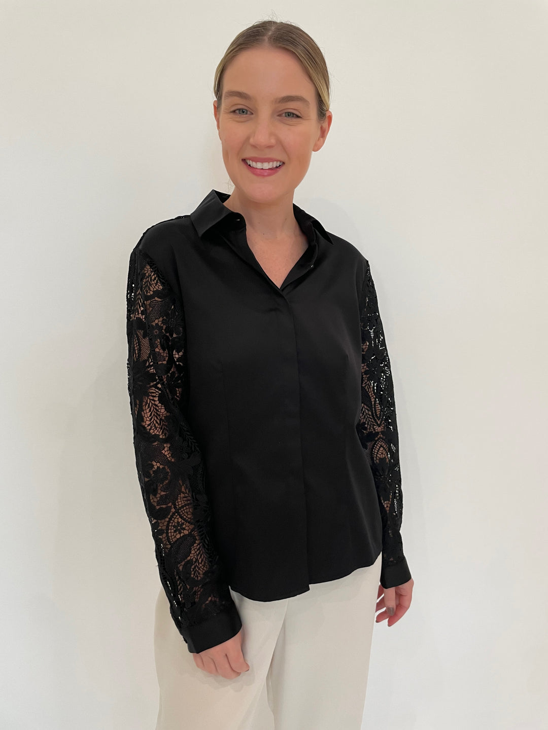 Hinson Wu Sienna Long Sleeve Shirt in Black Lace available at Barbara Katz