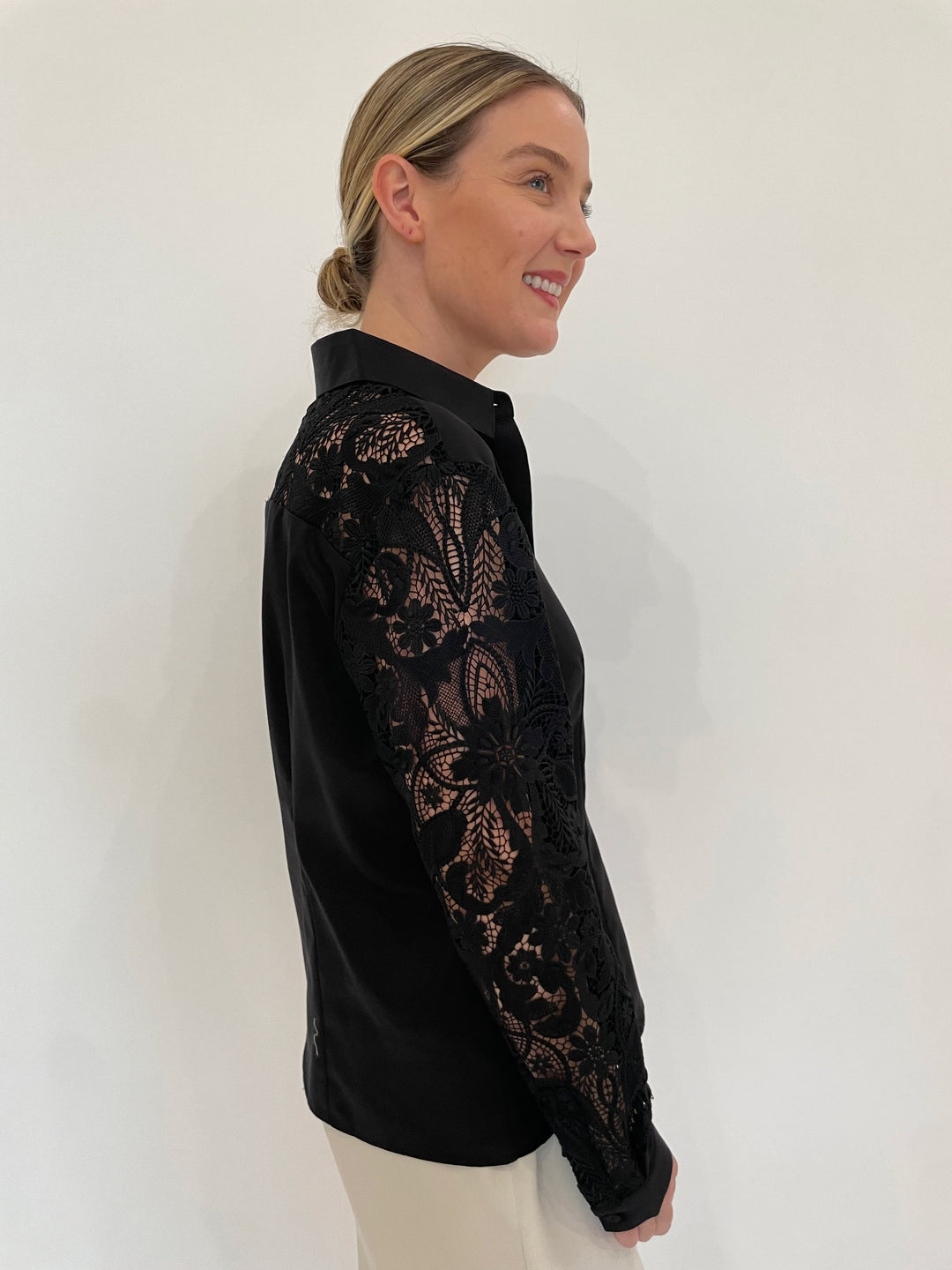 Hinson Wu Sienna Lace Long Sleeve Shirt in Black available at Barbara Katz