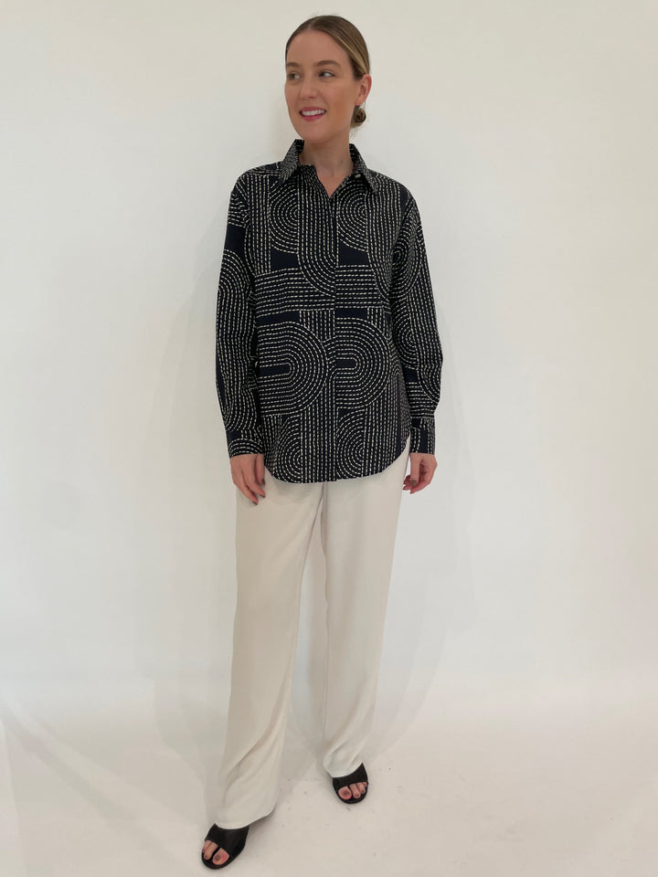 Hinson Wu Halsey Long Sleeve Saddle Stitch Print Shirt in Ink Combo paired with Peace of Cloth Jules Paramount Knit Pants in Oyster available at Barbara Katz