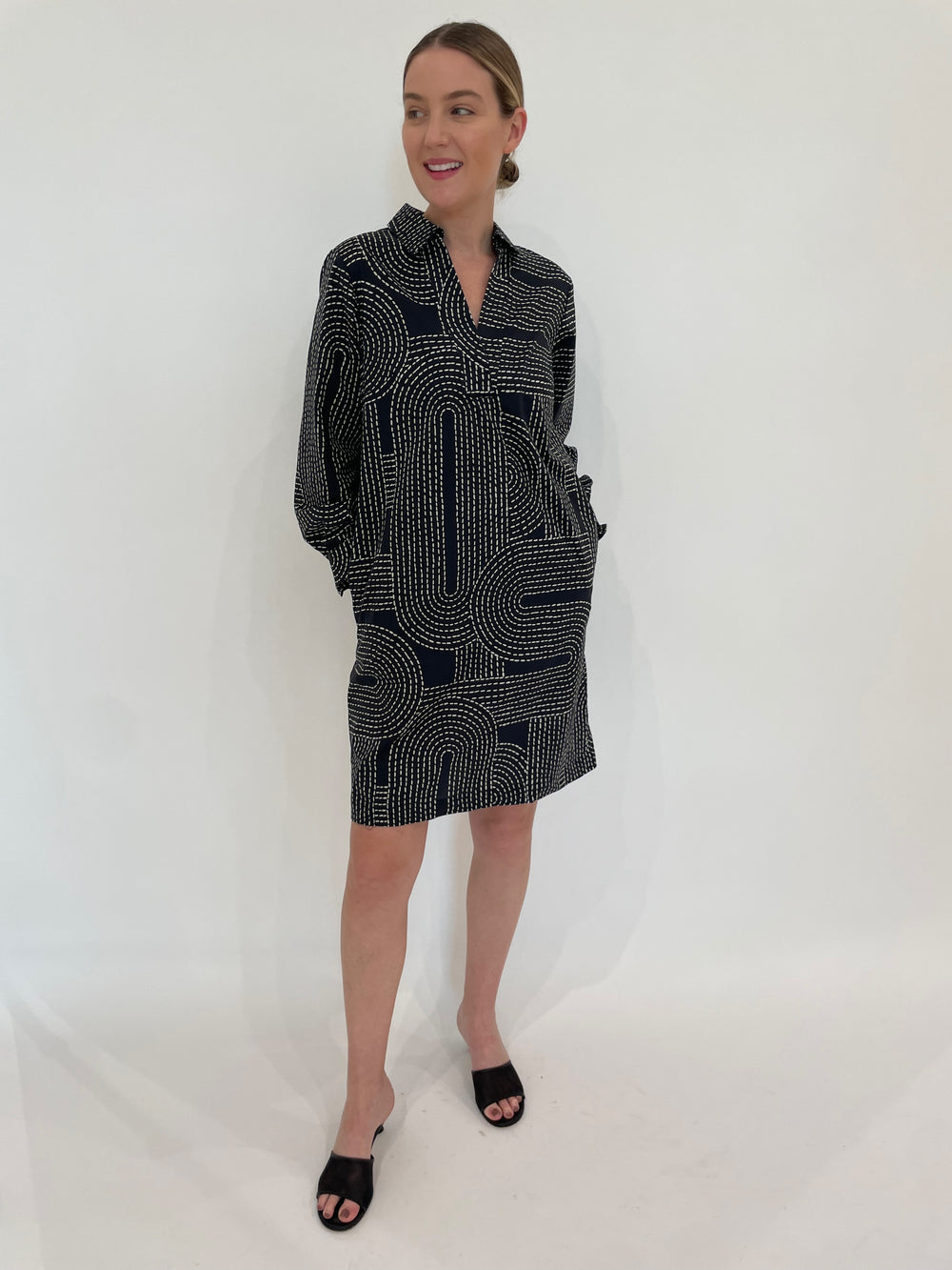 Hinson Wu Vicky Saddle Stitch Long Sleeve Dress in Ink Combo available at Barbara Katz