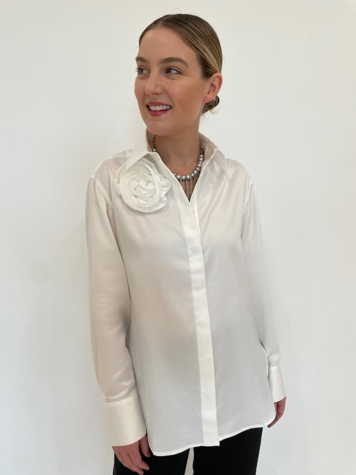 Hinson Wu Halsey Long Sleeve Shirt With Rosette in Cloud with Suzi T French Necklace in Silver With Grey Pearls available at Barbara Katz