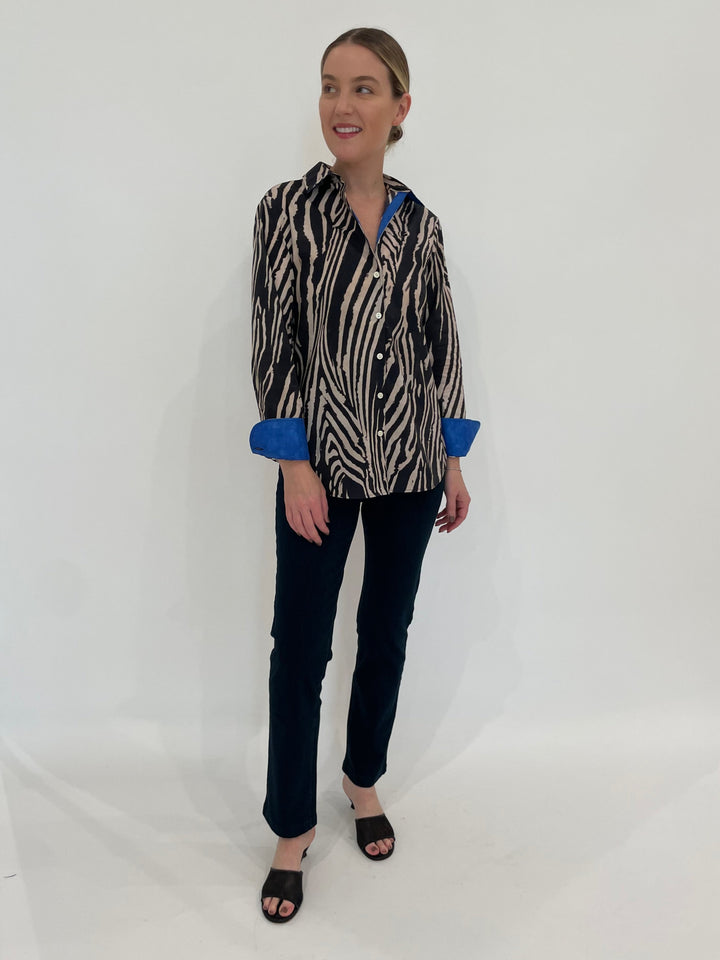 Hinson Wu Margot Long Sleeve Zebra Print Shirt in Black Combo paired with Lysse Spencer Straight Leg Denim Jeans in Black available at Barbara Katz