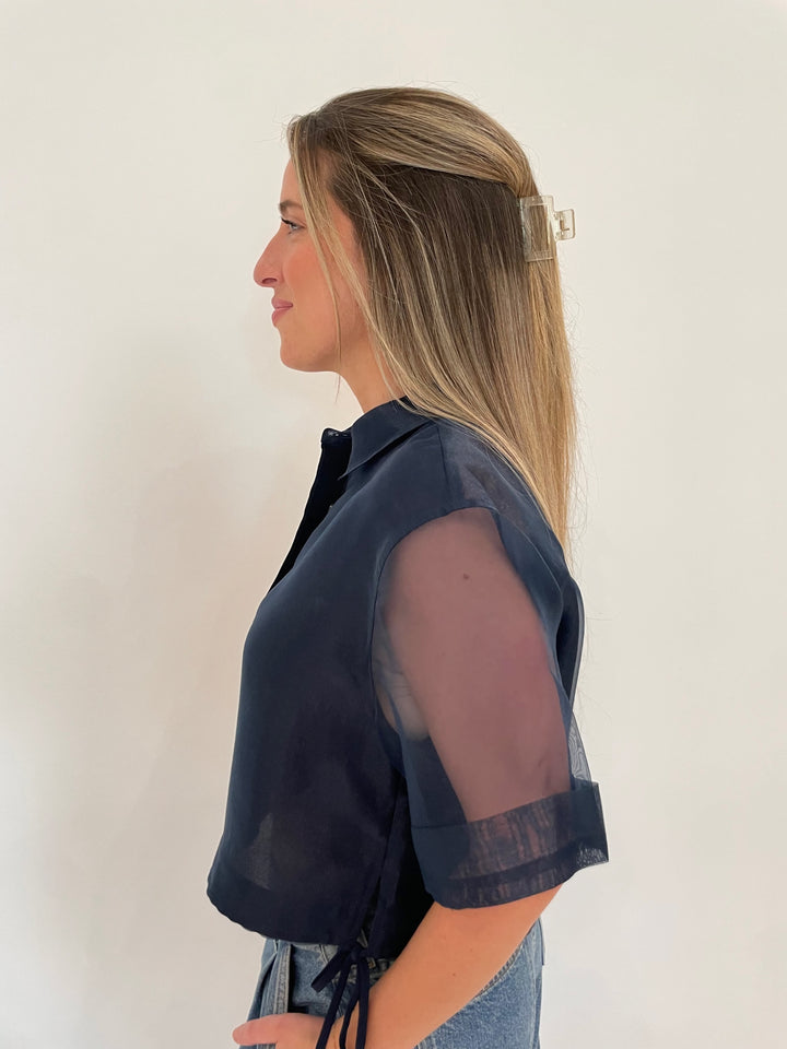 Simkhai Ryett Short Sleeve Crop Shirt in Midnight Blue available at Barbara Katz