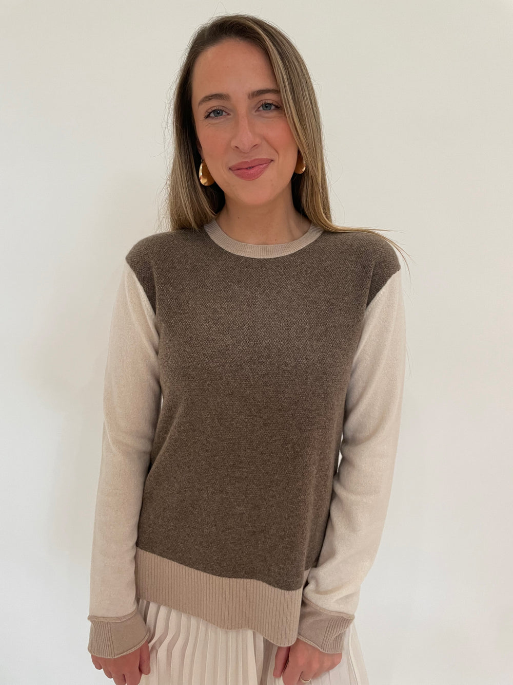 Pure Amici Evermore Cashmere Colorblock Sweater in Bark available at Barbara Katz