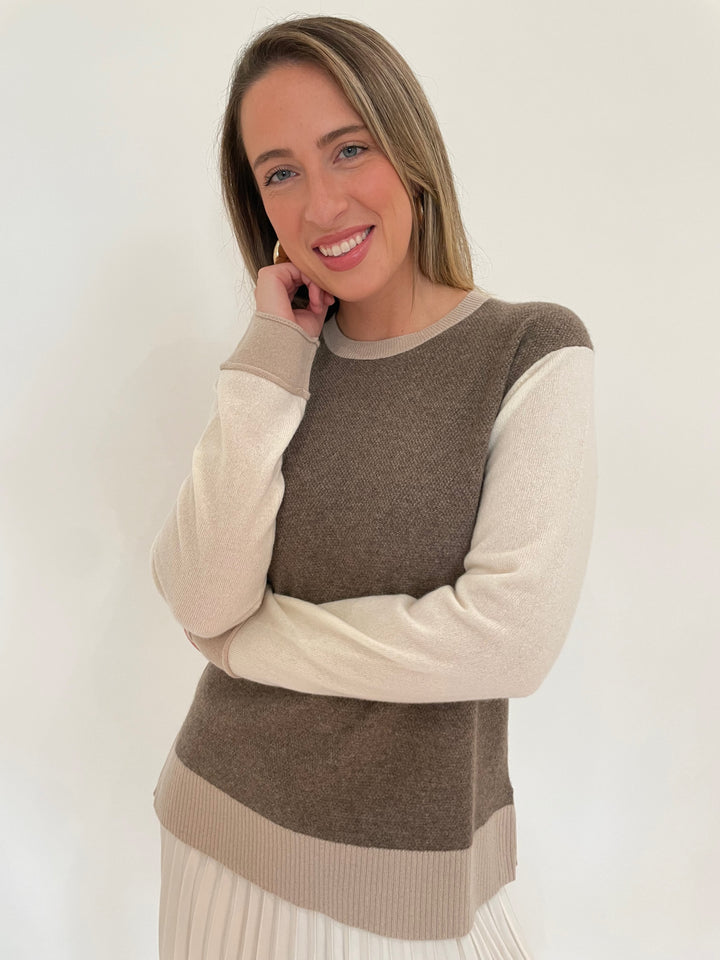 Pure Amici Evermore Cashmere Colorblock Crew Sweater in Bark available at Barbara Katz