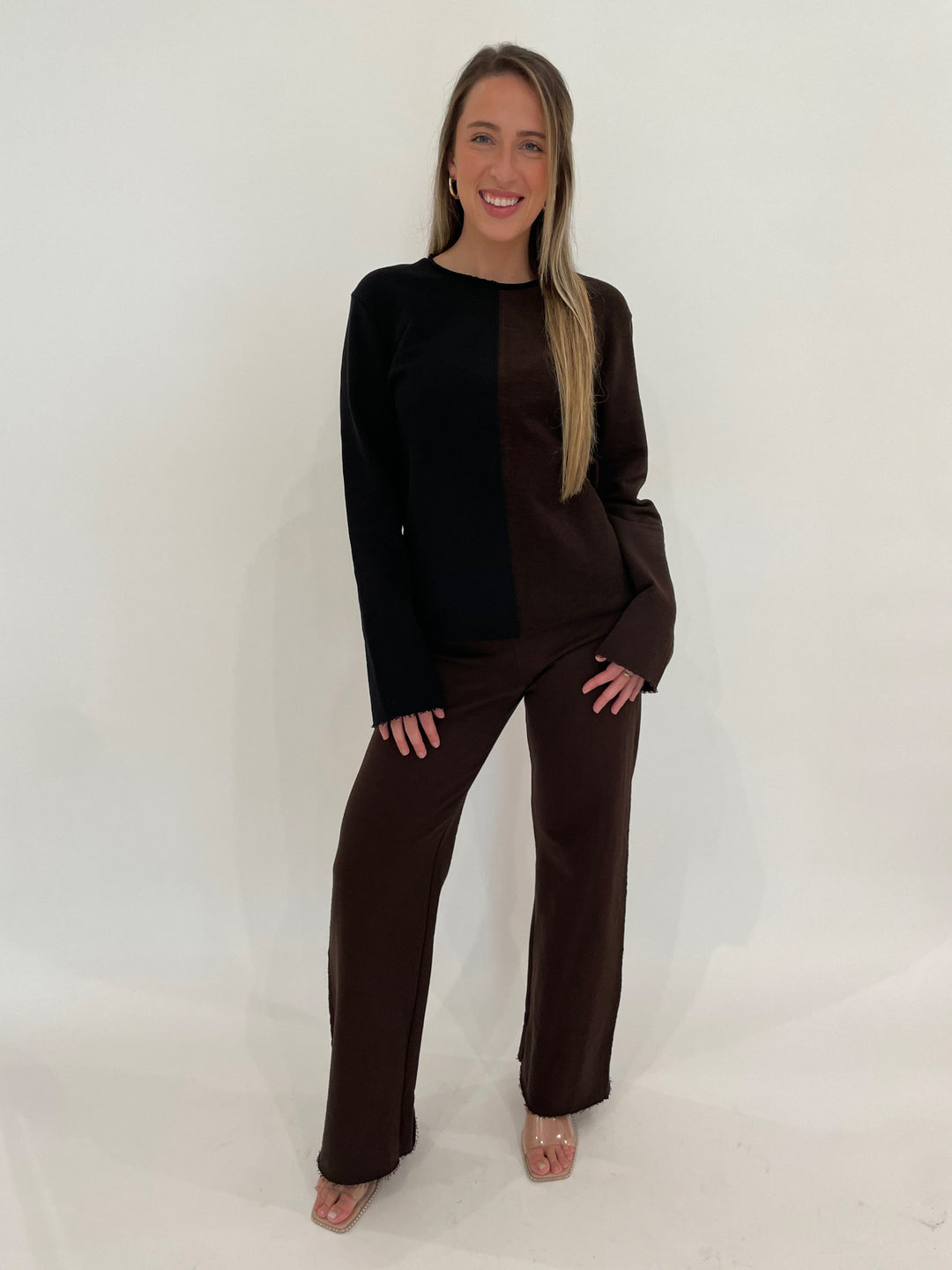 Goldie Melrose Two-Color Sweatshirt in Black/Coffee paired with Goldie Easy Melrose Flare Pants in Coffee available at Barbara Katz