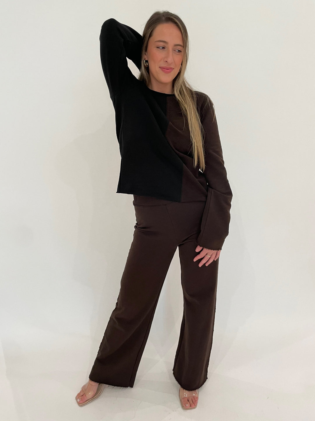 Goldie Easy Melrose Flare Pants in Coffee paired with Goldie Melrose Two-Color Sweatshirt in Black/Coffee available at Barbara Katz