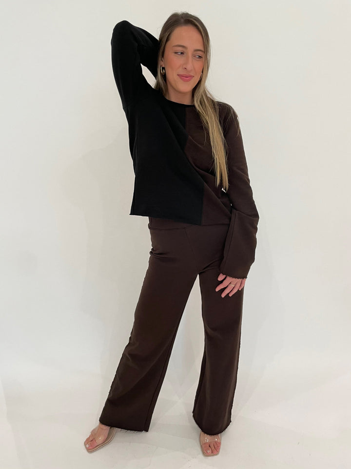 Goldie Easy Melrose Flare Pants in Coffee paired with Goldie Melrose Two-Color Sweatshirt in Black/Coffee available at Barbara Katz