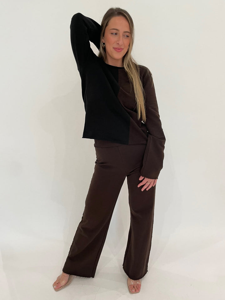 Goldie Melrose Two-Color Sweatshirt in Black/Coffee paired with matching Easy Melrose Flare Pants in Coffee available at Barbara Katz