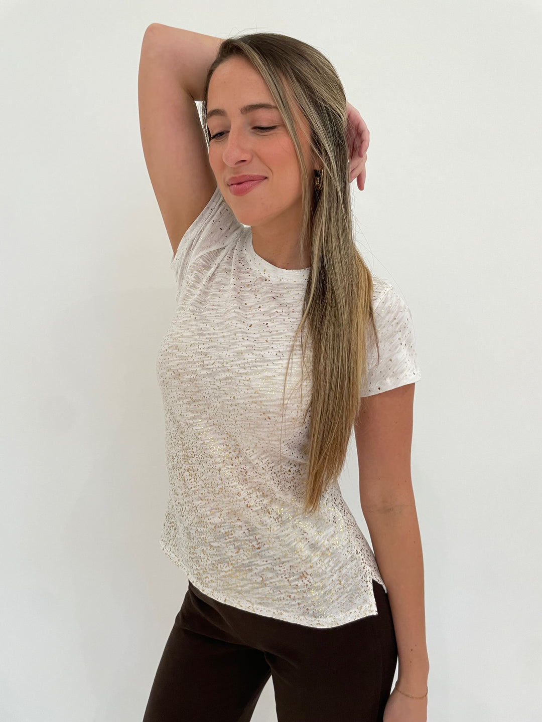 ATM Slub Jersey Short Sleeve Foil Crew Tee in White/Gold available at Barbara Katz