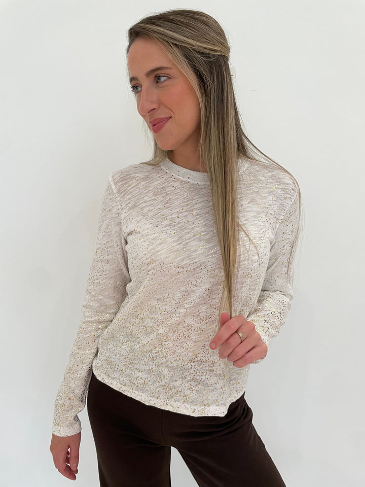 ATM Slub Jersey Long Sleeve Foil Crop Tee in White/Gold vailable at Barbara Katz