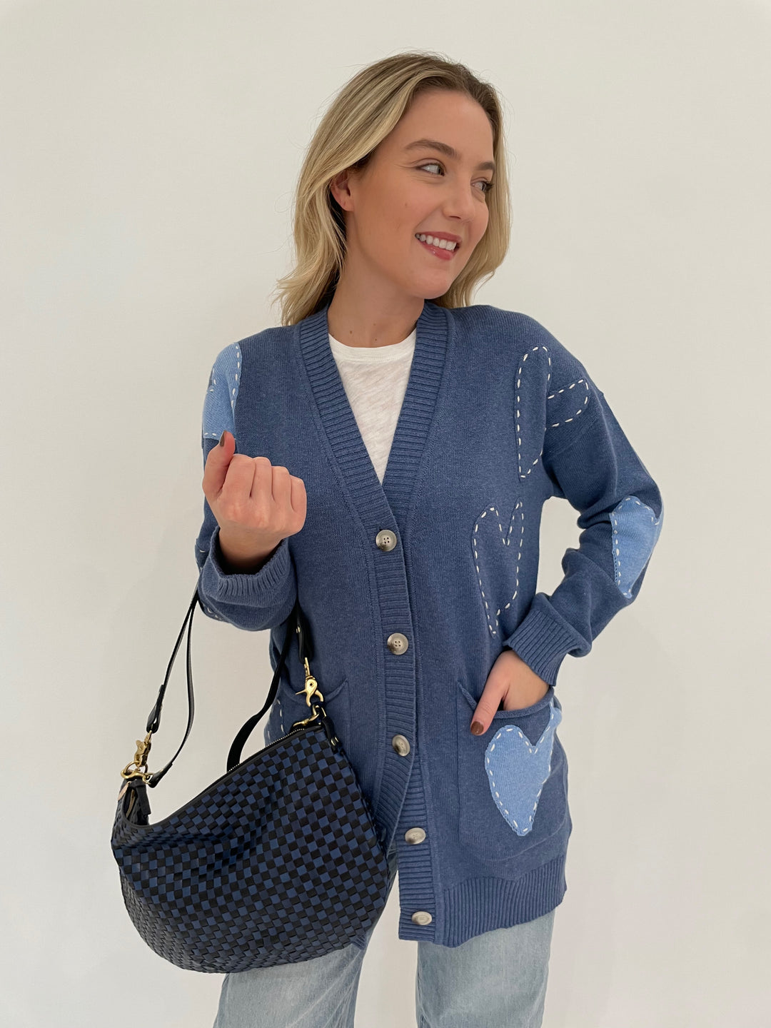 Kerri Rosenthal Poppy Zero Waste Cardigan in Blue Multi with Clare VMoyen Messenger Bag in Dark Blue Woven Checker available at Barbara Katz