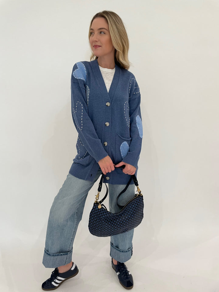 Kerri Rosenthal Poppy Zero Waste Cardigan in Blue Multi paired with Pistola Ryder High Rise Cuffed Jeans in Essex, Clare VMoyen Messenger Bag in Dark Blue Woven Checker available at Barbara Katz