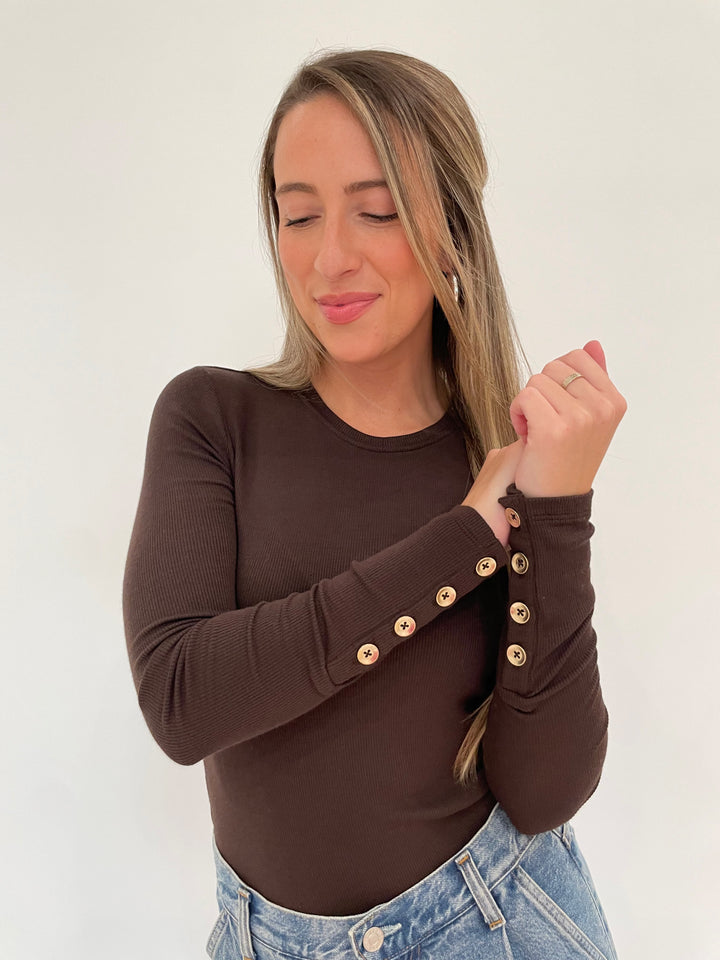 Goldie Marina Ribbed Button Sleeve Top in Coffee available at Barbara Katz