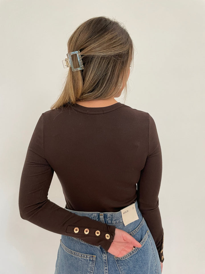 Goldie Marina Ribbed Button Sleeve Top in Coffee available at Barbara Katz