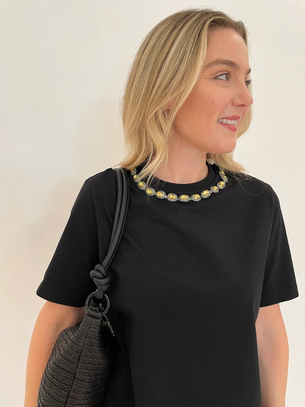 Essentiel Antwerp Galenic Embroidered T-Shirt in Black with Daniella Lehavi Dallas Shoulder Bag in Wavy Black available at Barbara Katz