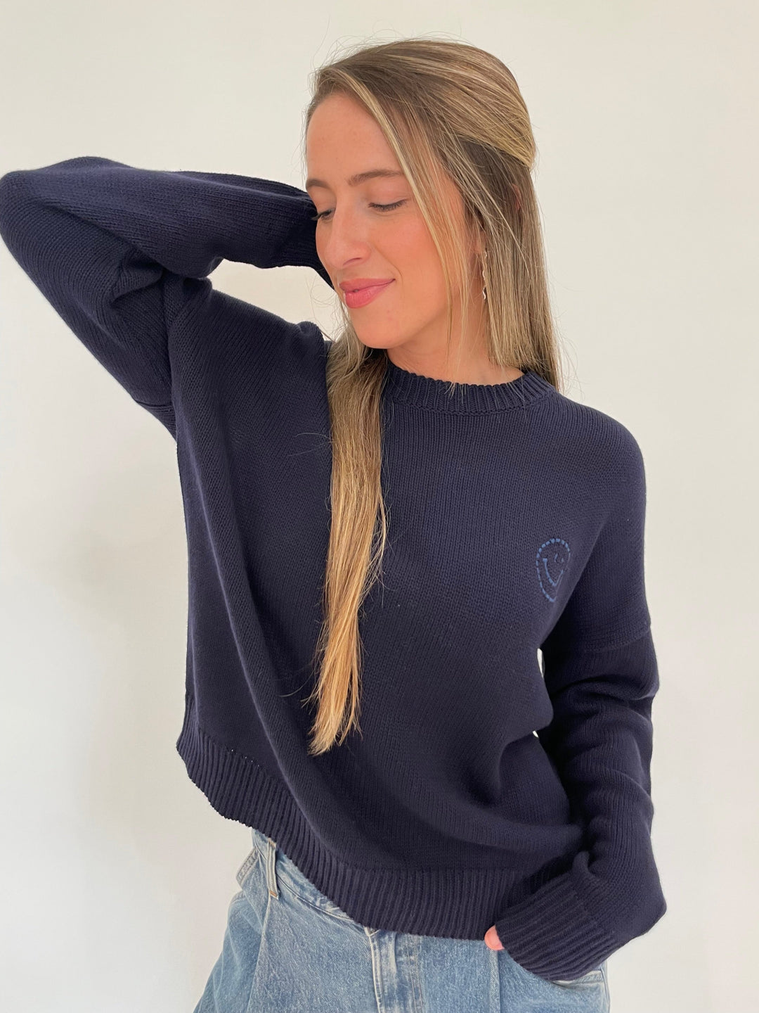 Kerri Rosenthal Boyfriend Happy Everything Sweater in Indigo available at Barbara Katz