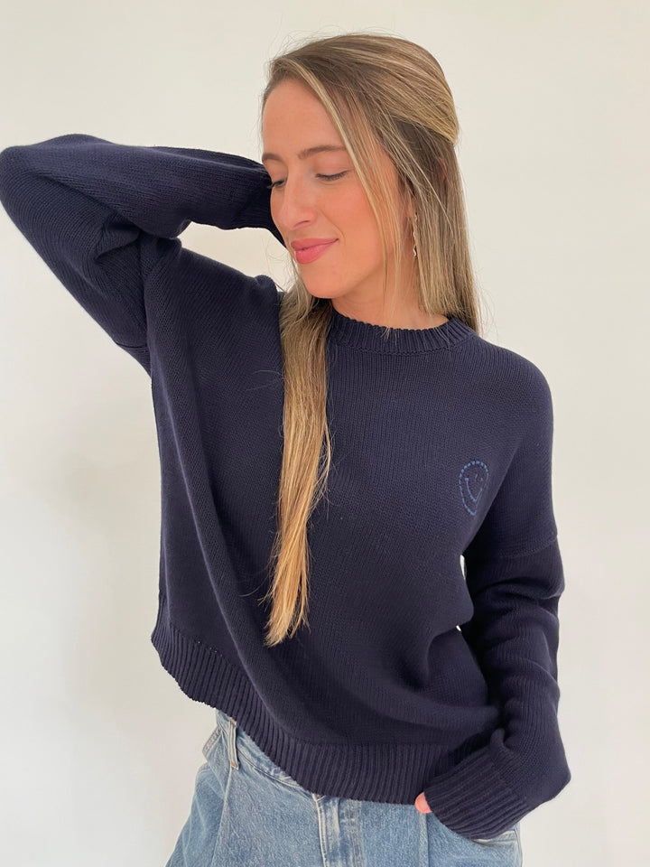 Kerri Rosenthal Boyfriend Happy Everything Sweater in Indigo available at Barbara Katz