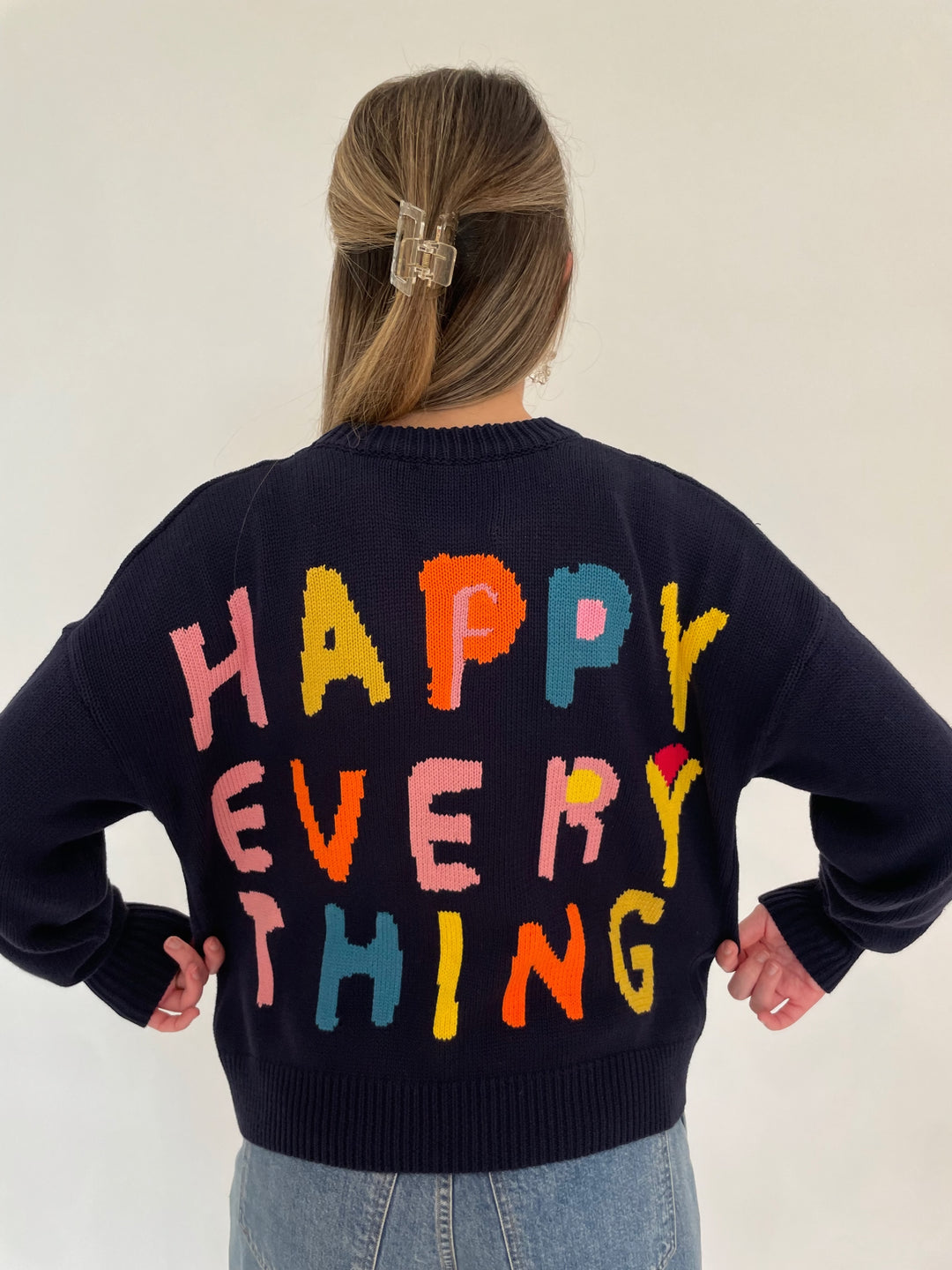 Kerri Rosenthal Boyfriend Happy Everything Sweater in Indigo available at Barbara Katz