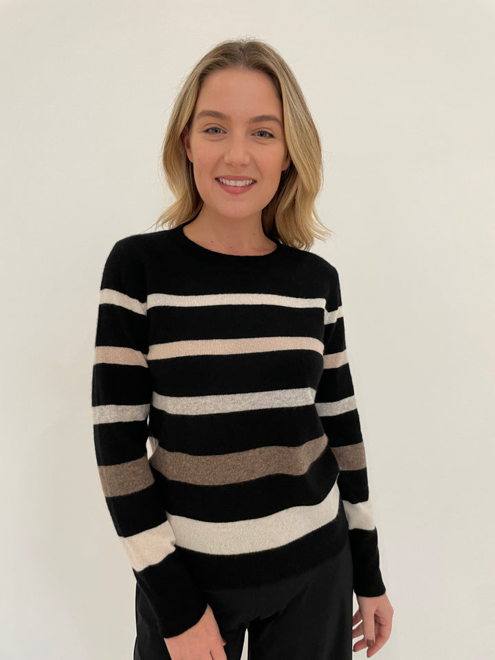 Pure Amici Midnights Cashmere Stripe Crew Sweater in Black available at Barbara Katz