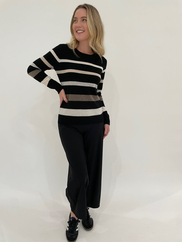 Pure Amici Midnights Cashmere Stripe Crew Sweater in Black paired with Raffaello Rossi 7/8 Sally Pants in Black available at Barbara Katz