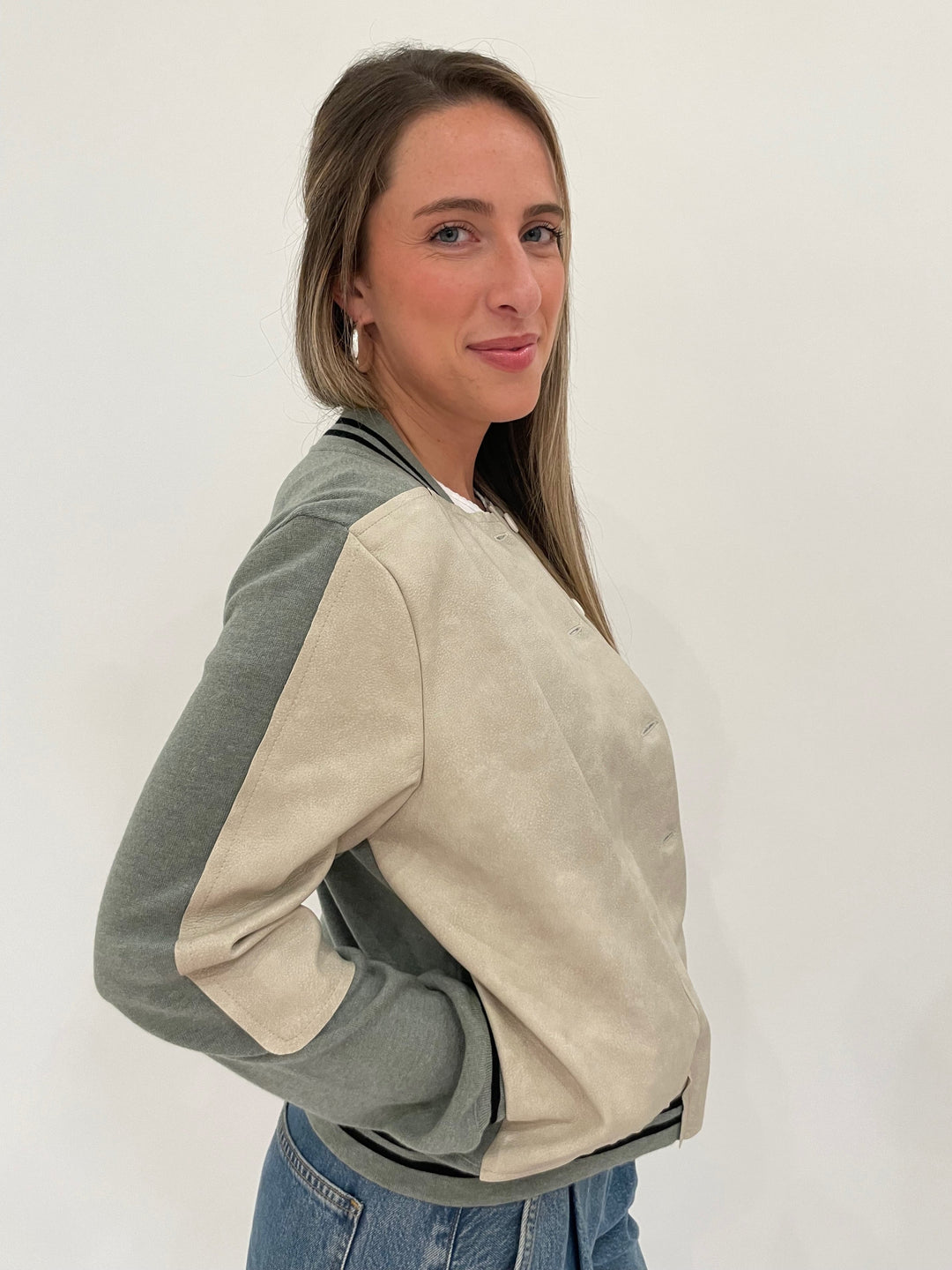 Aldomartins Lanin Jacket in Light Grey, BK Bianca Puffy Triangle Open Hoop Earrings in Silver available at Barbara Katz