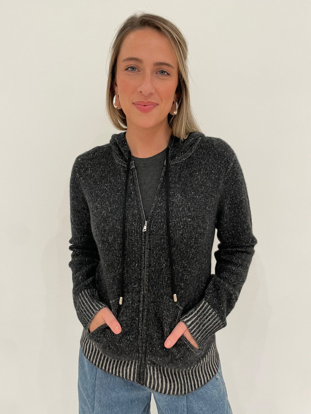 Goldie Ribbed Half Sleeve Tee in Charcoal Heather layered with Pure Amici Folklore Cashmere Full Zip Hoodie in Black, BK Bianca Puffy Triangle Open Hoop Earrings in Silver available at Barbara Katz