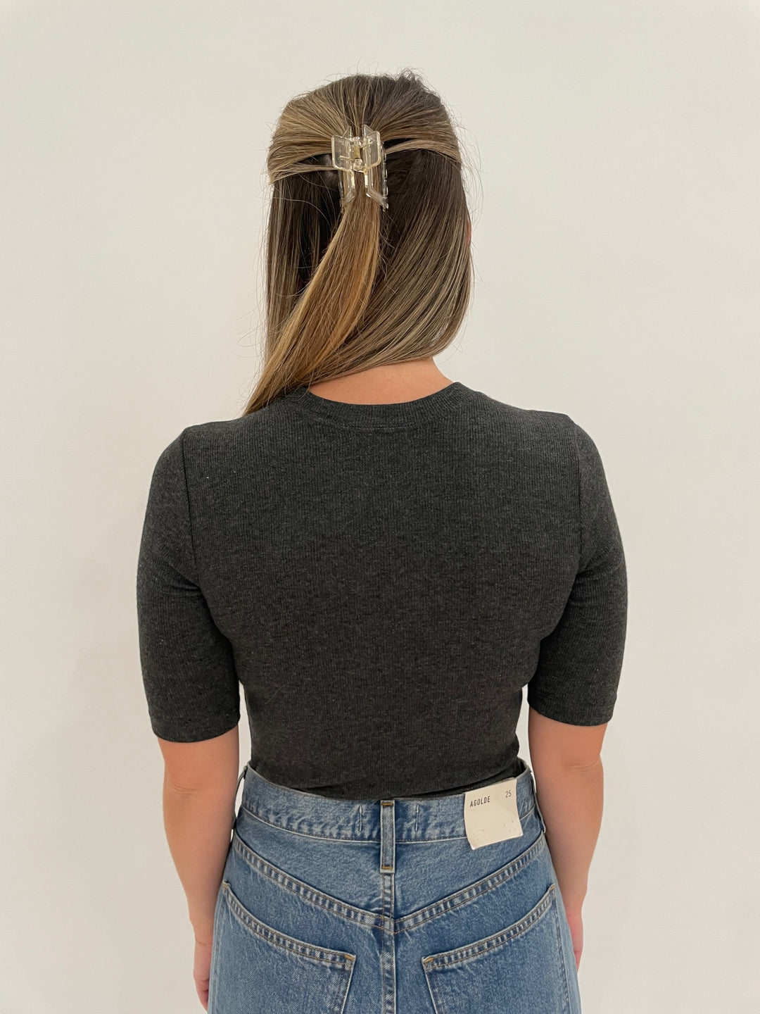 Goldie Ribbed Half Sleeve Tee in Charcoal Heather available at Barbara Katz