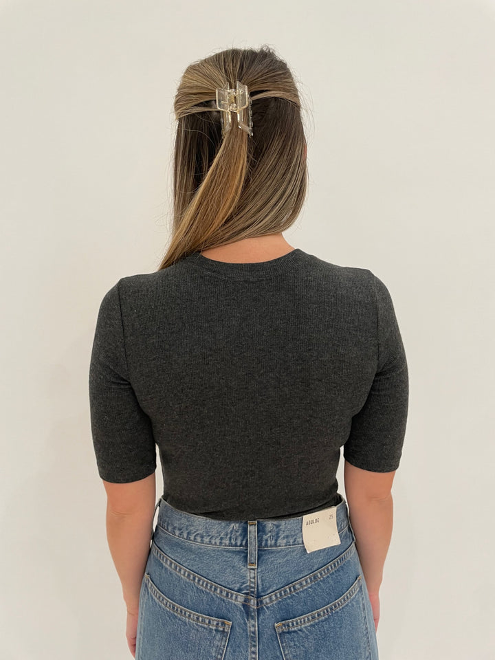 Goldie Ribbed Half Sleeve Tee in Charcoal Heather available at Barbara Katz